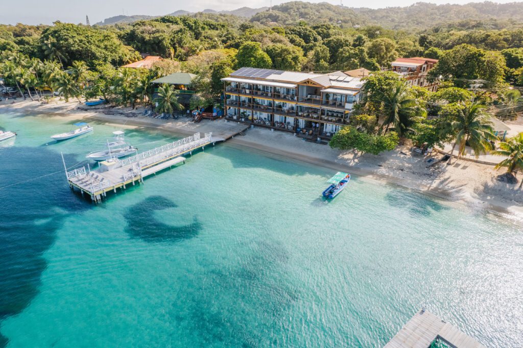 Aerial view of The Beach House a dive resort in Roatan.