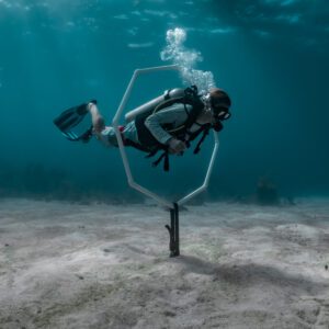 A diver swims through a PVC hoop during a PADI Peak Performance Buoyancy scuba certification in Honduras.