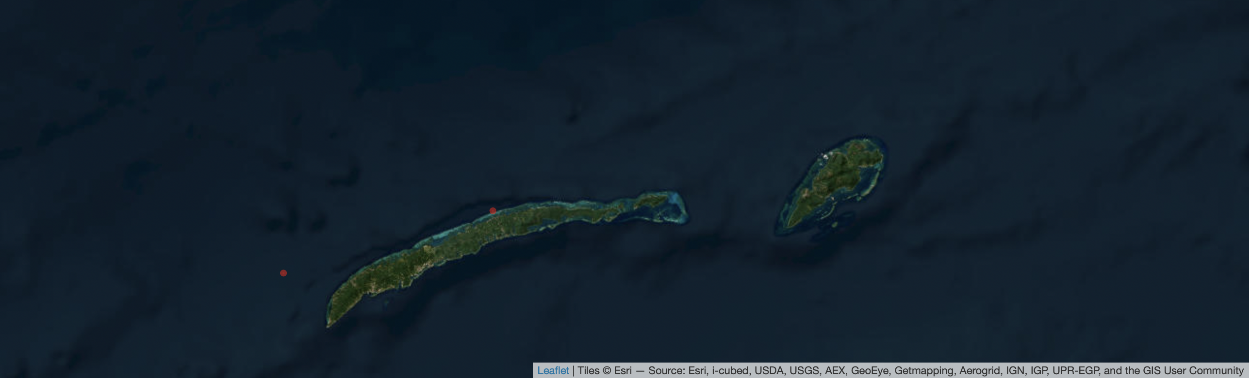 Map of Roatan with two red dots designating the number of whale shark sightings since 2009. 