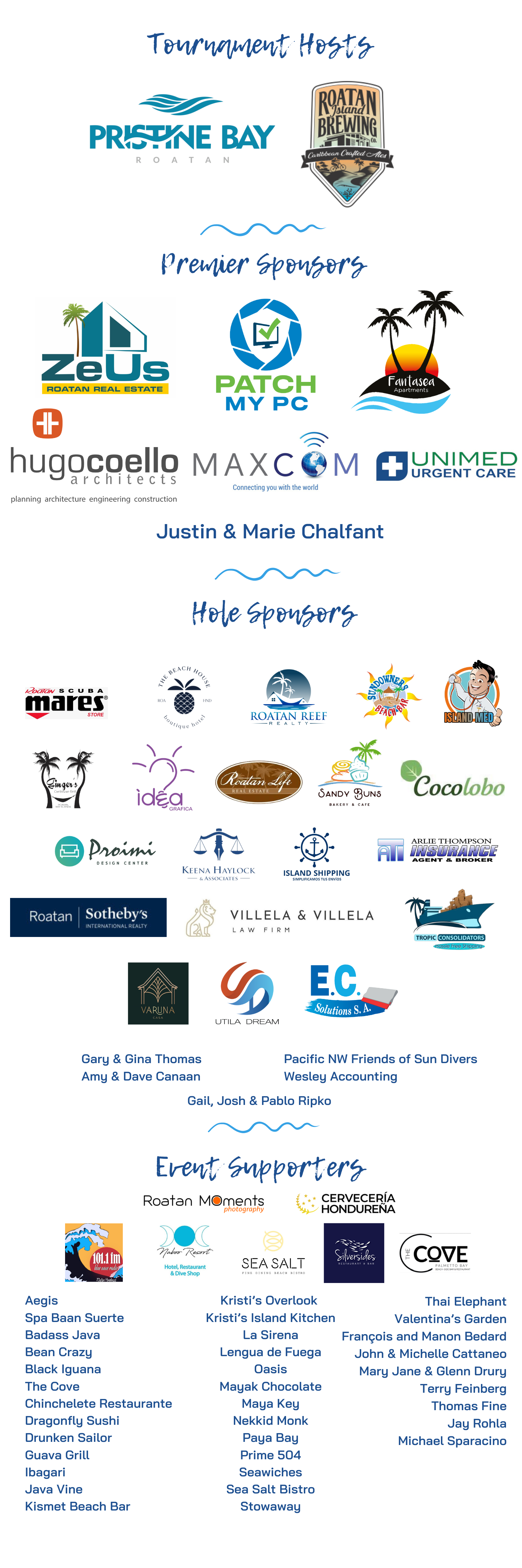 Logos of local Roatan companies supporting the Sun Divers Charity Golf Tournament 