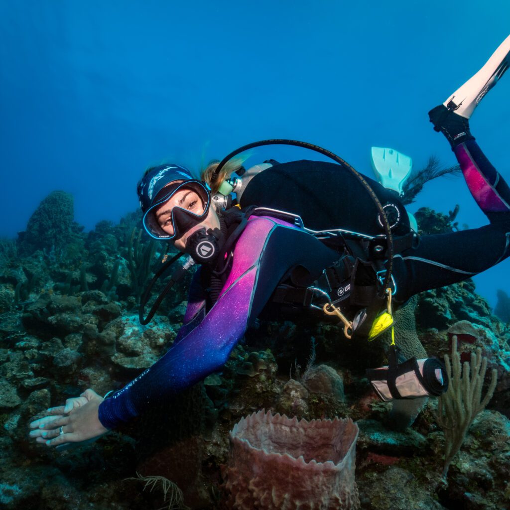 A diver in a pink and purple wetsuit is diving in the depth of the reefs in Roatan, Honduras and is looking straight into the camera.
