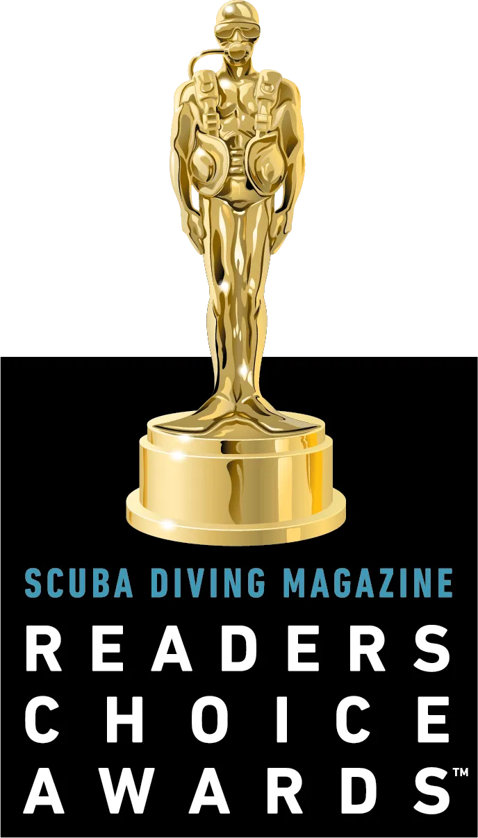 scuba diving magazine readers choice awards logo with a gold scuba diver as the trophy