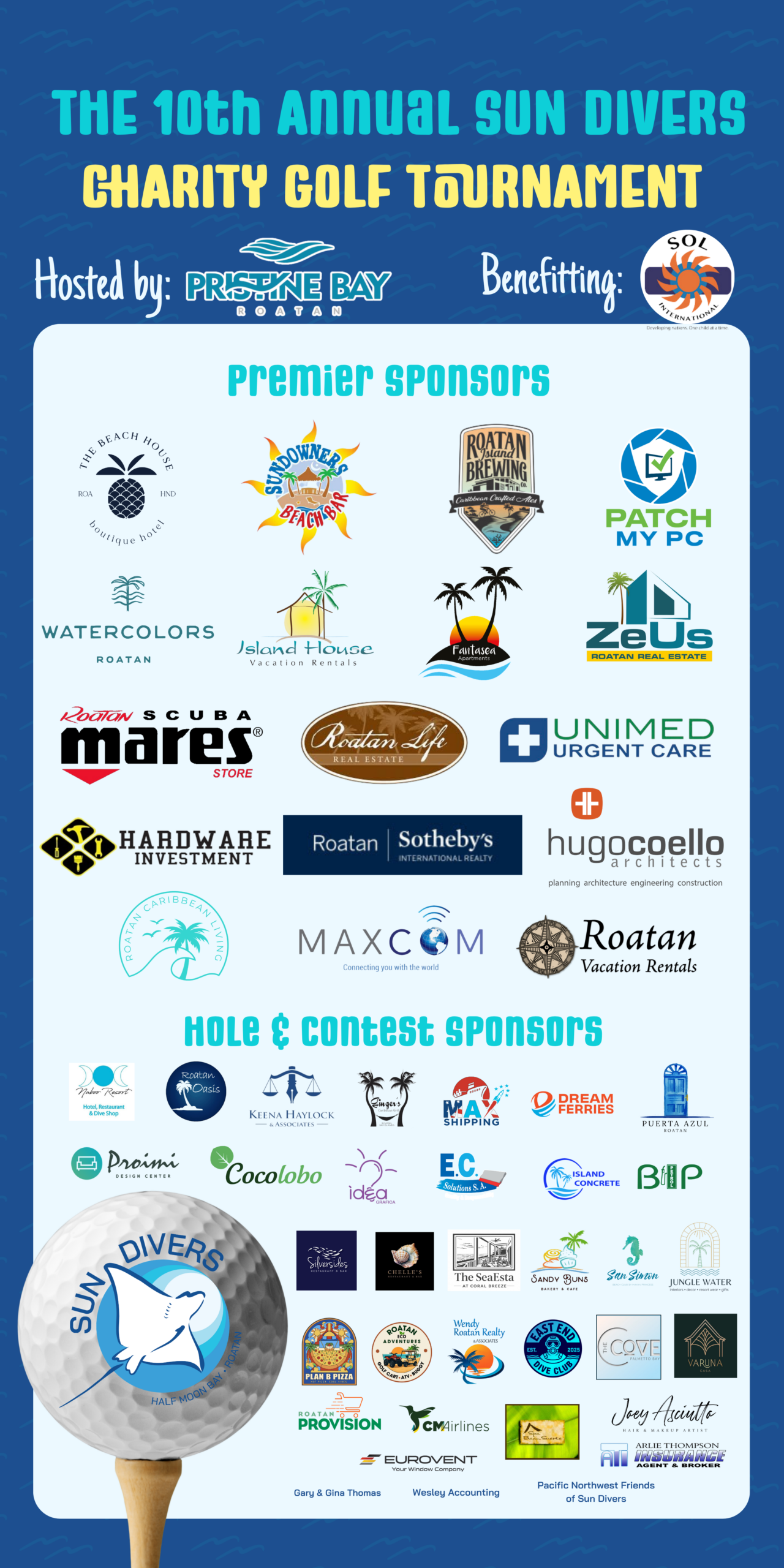 Image showcasing logos of all the sponsors for the 10th annual Sun Divers Charity Golf Tournament in Roatan